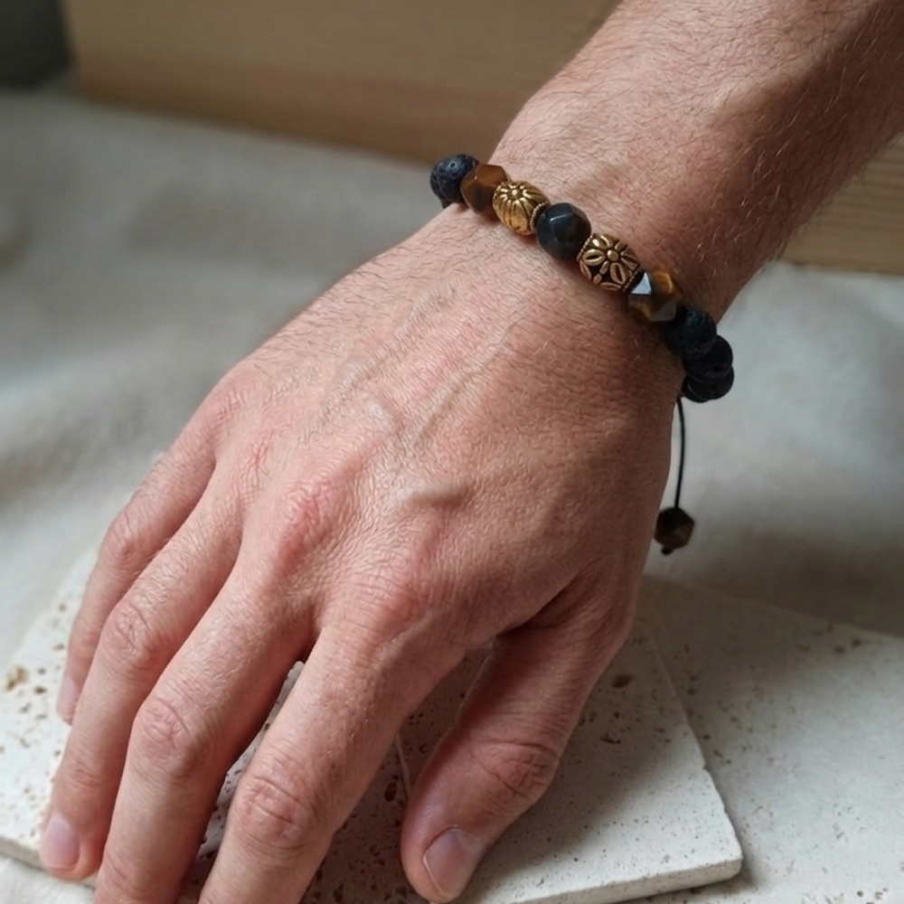 Men's Beaded Bracelet with Black Lava and Gold Accent Beads